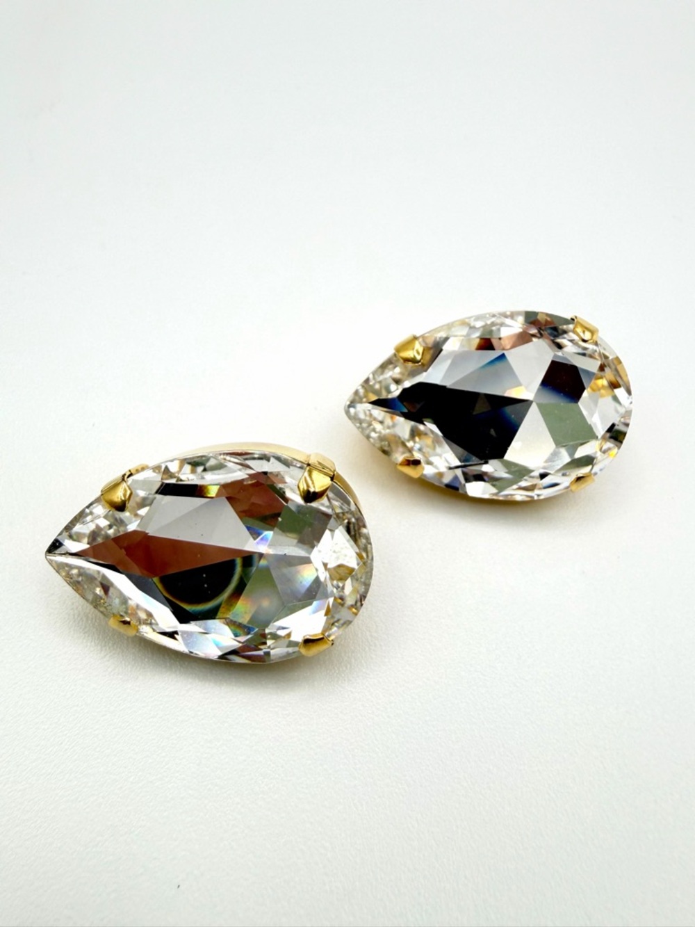 Vintage Clear Crystal Teardrop Clip On Earrings Gold Tone Statement